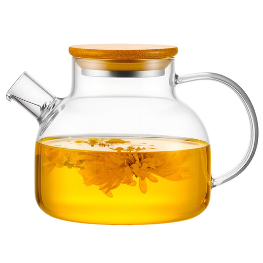 Baalaka 20 oz Stovetop Glass Teapot, Borosilicate Clear with Removable Filter Spout & Bamboo Lid, Camping Tea Brewer