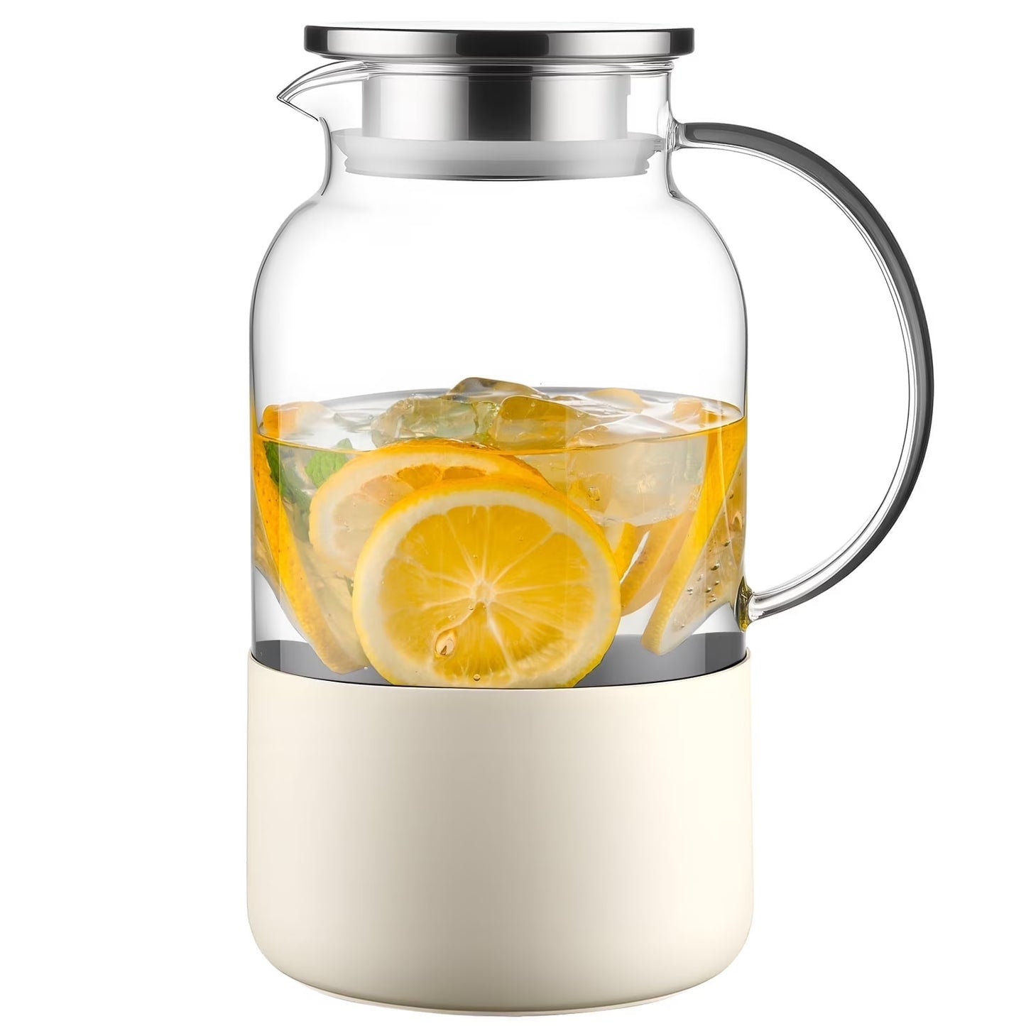 Baalaka Glass Pitcher with Silicone Base 61oz (1.8L) - Hot & Cold Carafe, Leakproof Lid & Handle for Coffee, Juice, Milk