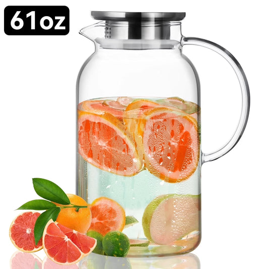 Baalaka 61oz Glass Pitcher w/Leak-Proof Lid - Heat-Resistant Beverage Carafe for Iced Tea, Coffee & Juice