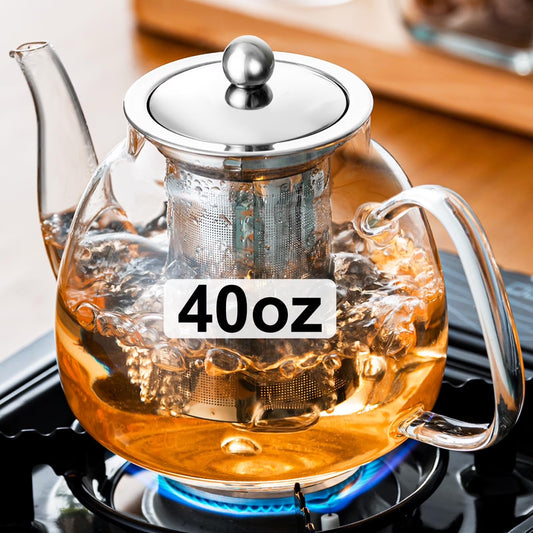 Baalaka 40oz Glass Teapot with Removable 18/8 Stainless Steel Infuser Teapot Blooming and Loose Leaf Tea Maker for Camping Travel