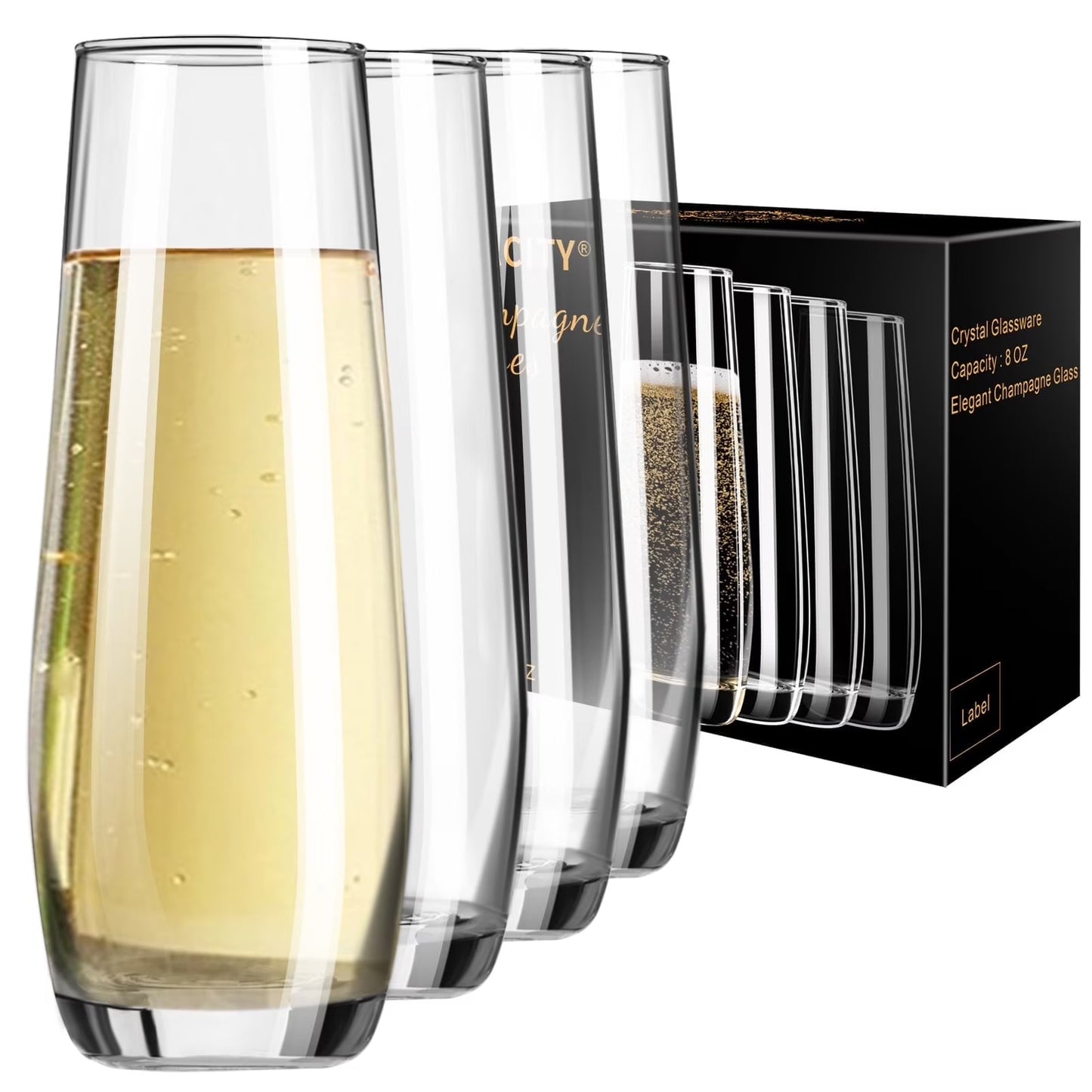 Baalaka Stemless Champagne Glasses Set of 4 - 8oz Lead-Free Glass for Weddings, Birthdays, Holidays