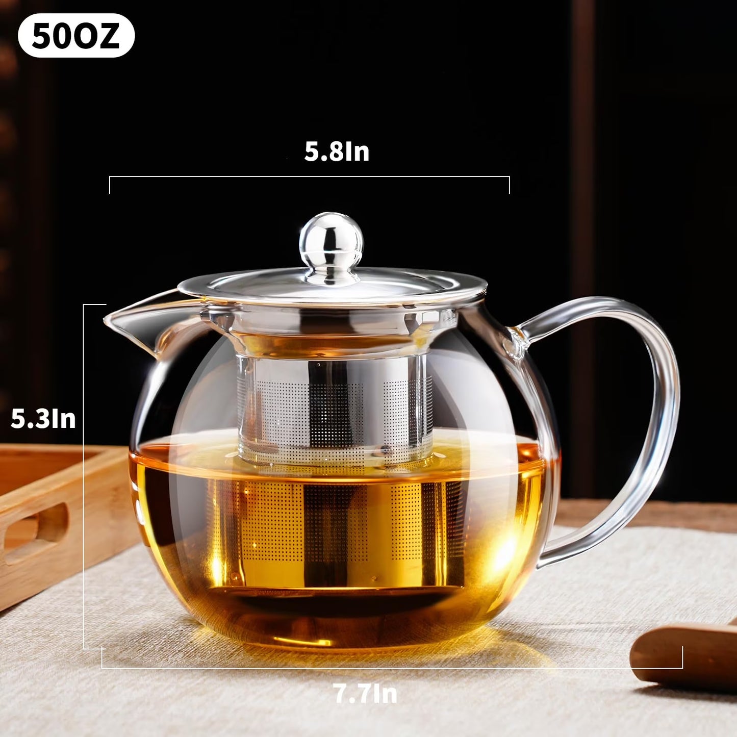 Baalaka Glass Stovetop Teapot, 50oz/1500ml, 18/8 SS Removable Inf, Borosilicate Glass for Camping & Travel