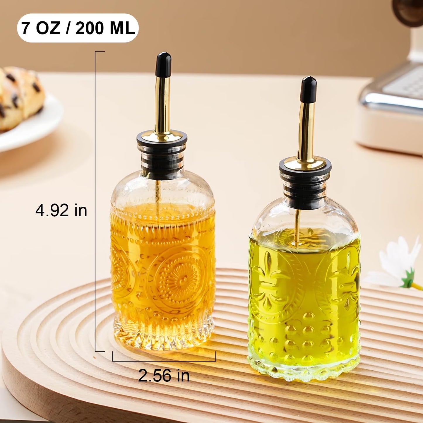 Baalaka Olive Oil Dispenser Bottle with Metal Spout, Glass Oil Container for Kitchen - 7oz, 2pcs