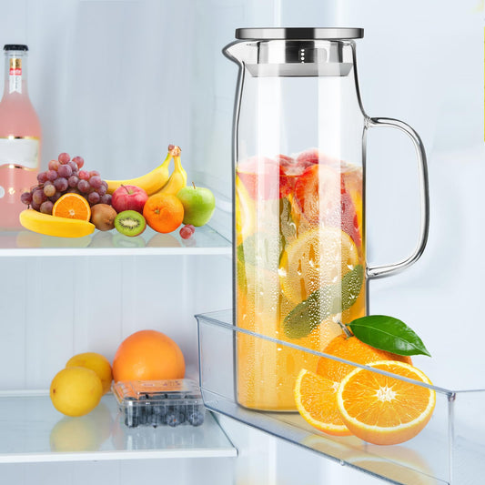 Baalaka 50oz/1.5L High Borosilicate Glass Pitcher - Hot/Cold Dispenser for Iced Tea, Lemonade, Juice & Milk - Easy Clean & Fridge Shelf Use