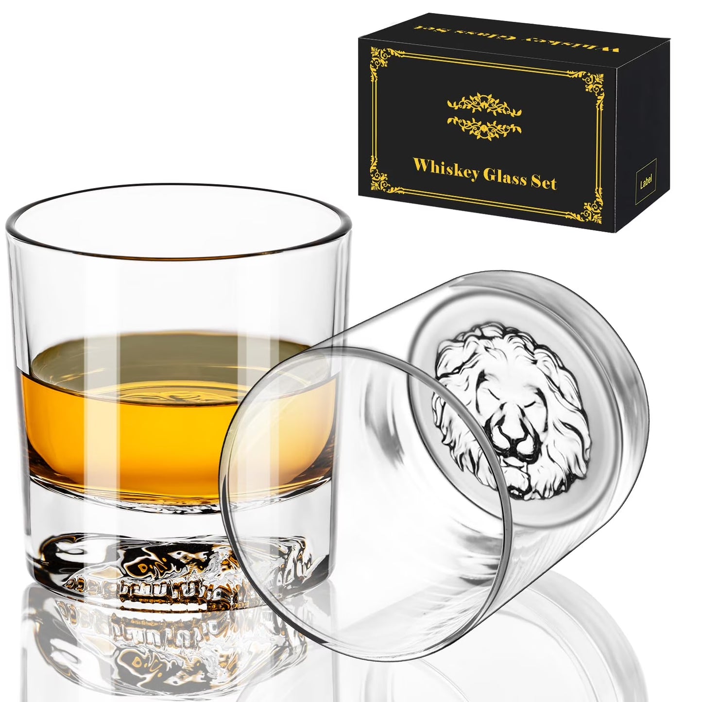 Baalaka Whiskey Glasses, Lion Pattern Thick Bottom, 10.6oz