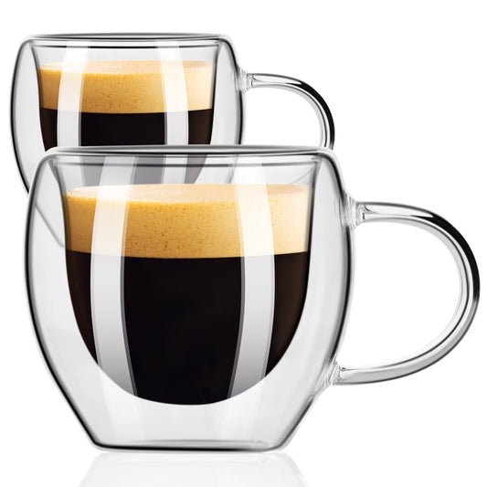 Baalaka Double Walled Espresso Cups2.5oz with Handle, High Borosilicate Glass for Coffee