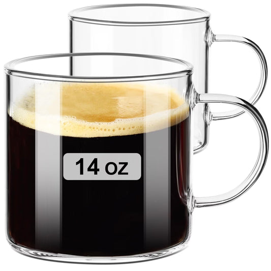 Baalaka Clear Coffee mug 14oz, Glass Coffee Mugs Set of 2, Large Glass Coffee Cups with Handle for Hot/Cold Drink, Latte, Cappuccino, Tea, Juice and Beer