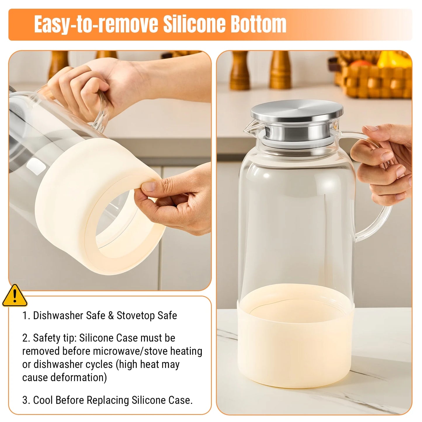 Baalaka Glass Pitcher with Silicone Base 61oz (1.8L) - Hot & Cold Carafe, Leakproof Lid & Handle for Coffee, Juice, Milk