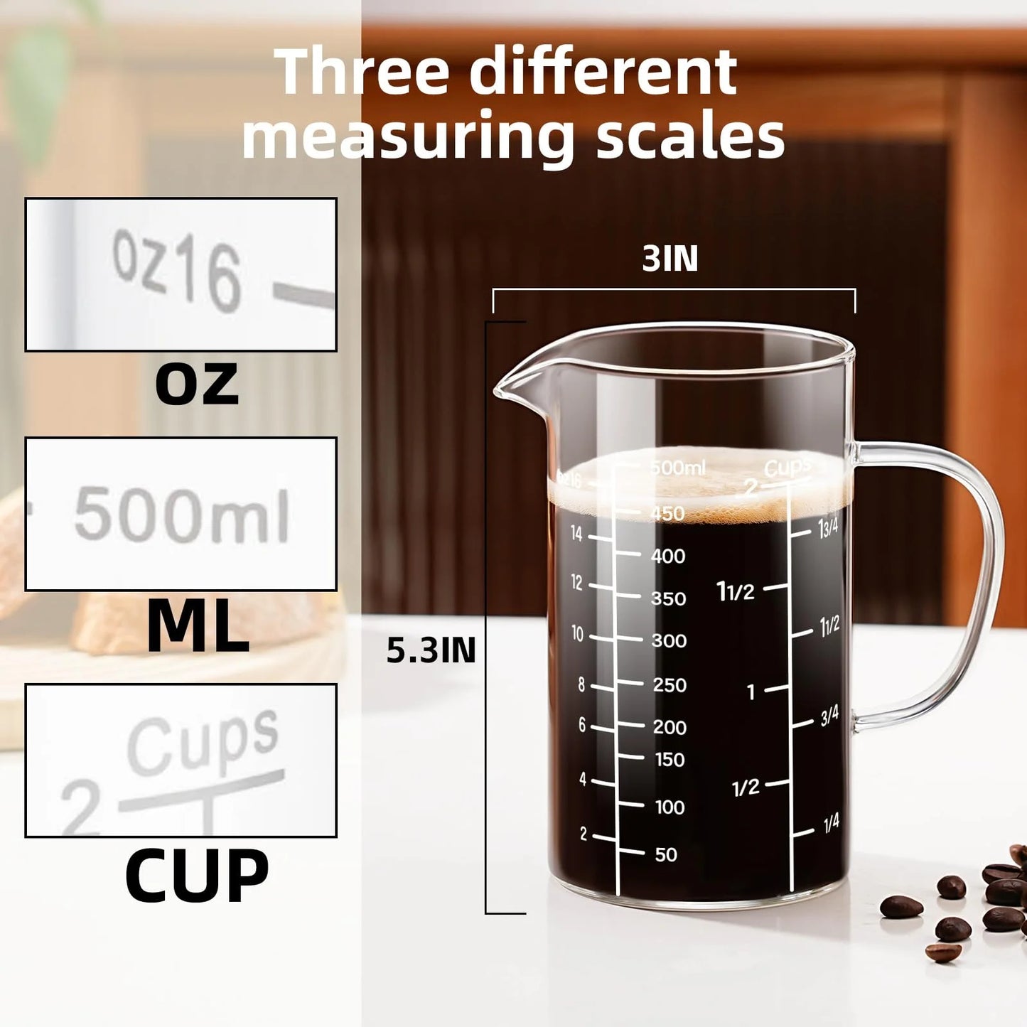 Baalaka Glass Measuring Cup, Liquid Measuring Cups with three Scale and V-Shaped Mouth 500 ml