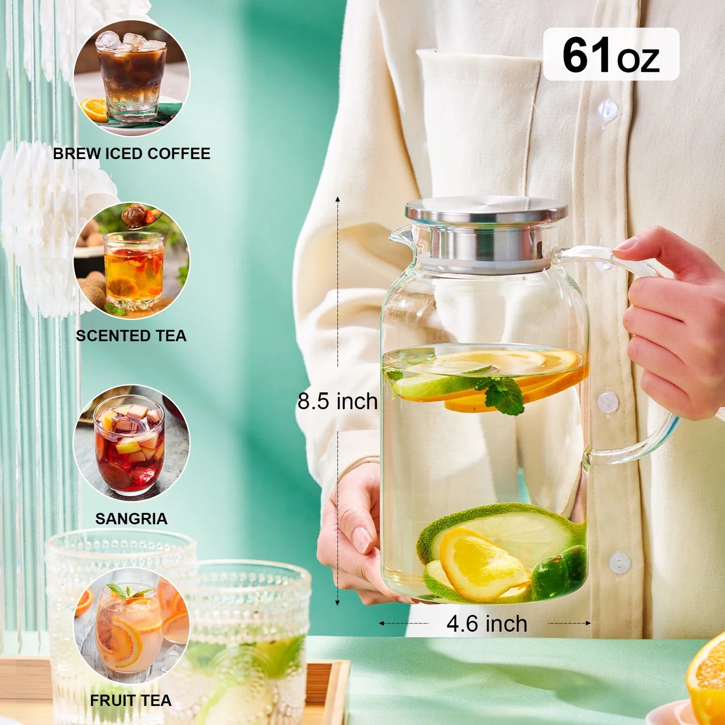 Baalaka 61oz Glass Pitcher w/Leak-Proof Lid - Heat-Resistant Beverage Carafe for Iced Tea, Coffee & Juice