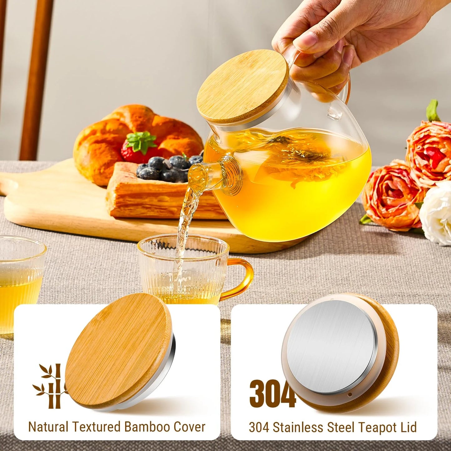 Baalaka 20 oz Stovetop Glass Teapot, Borosilicate Clear with Removable Filter Spout & Bamboo Lid, Camping Tea Brewer