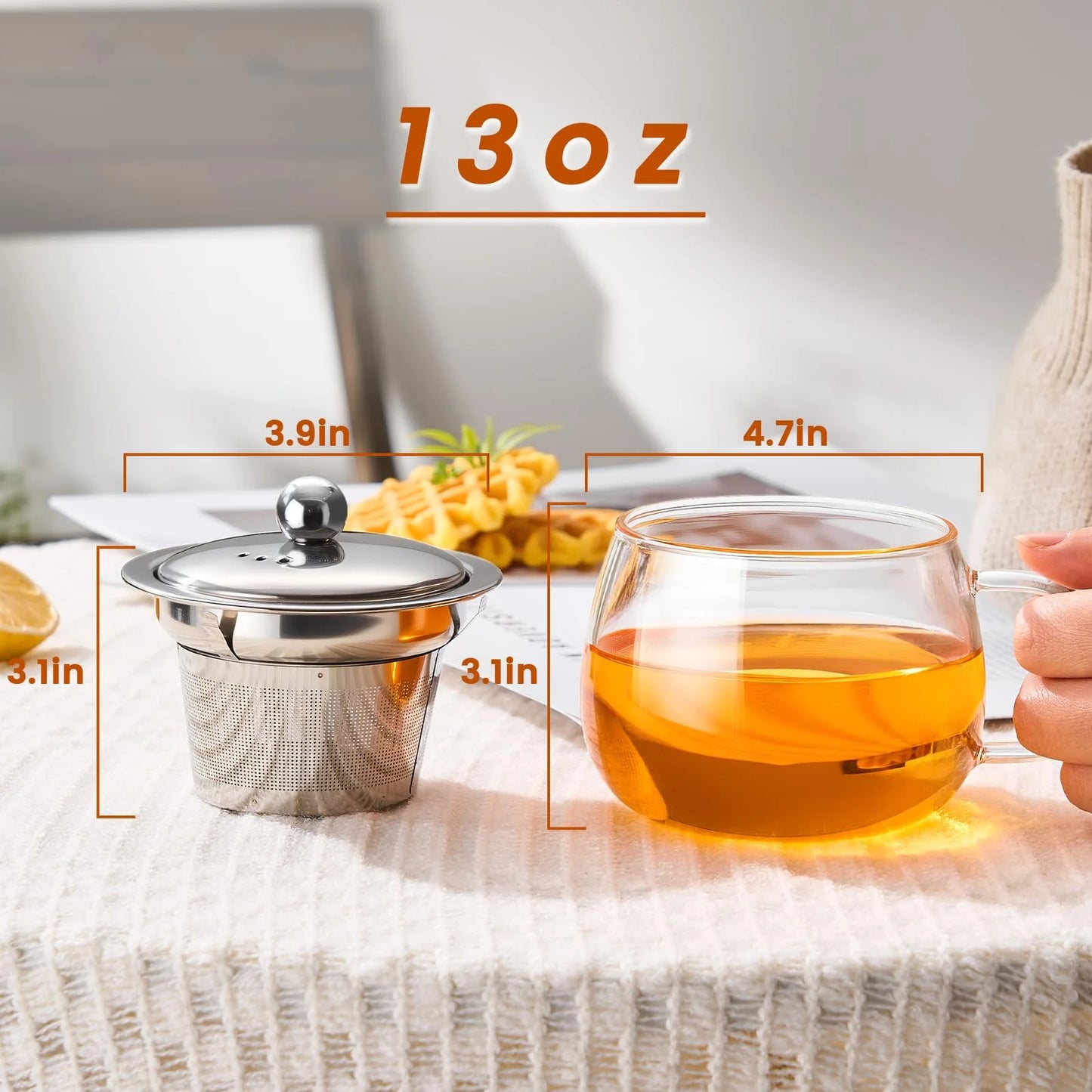 Baalaka Tea Cup with Infuser and lid, Glass Tea Cup of Heat Resistant Glass, 13oz Tea Mug, Clear Teacup for Loose Tea, Blooming Tea, Tea Bag, Tea Cup with Strainer for Family Daily