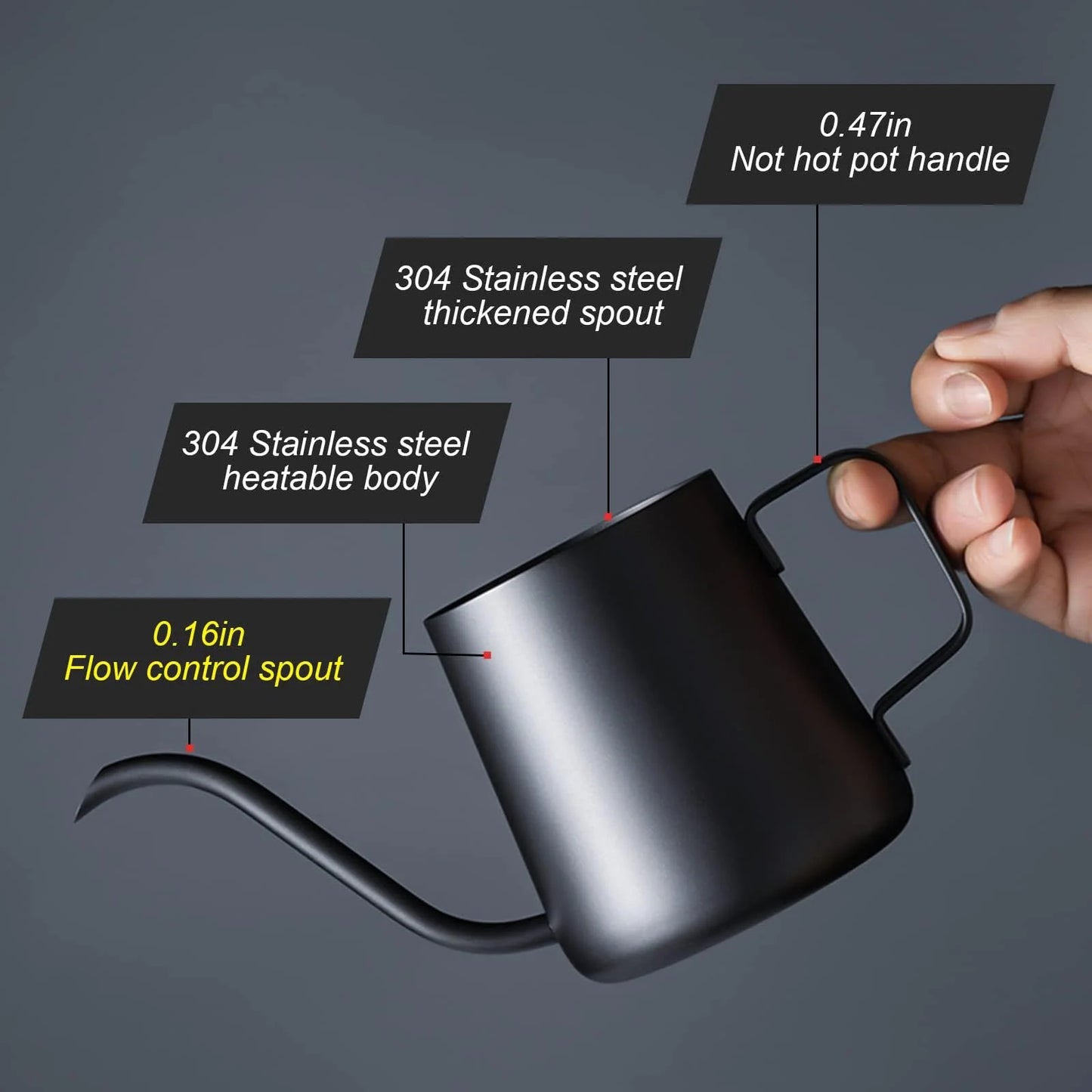 Baalaka 12oz Pour over Coffee Kettle, Gooseneck Spout, Hanging Ear Handle, Long Narrow Drip, Coffee & Tea Pot for Camping & Travel