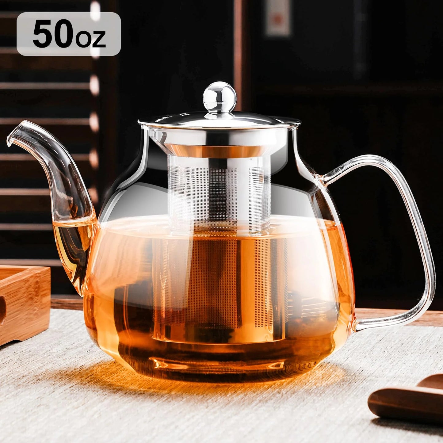 Baalaka Glass Teapot Stovetop 50oz/1500ml, Tea pot with Removable 18/8 Stainless Steel Infuser, Borosilicate Clear Tea Kettle
