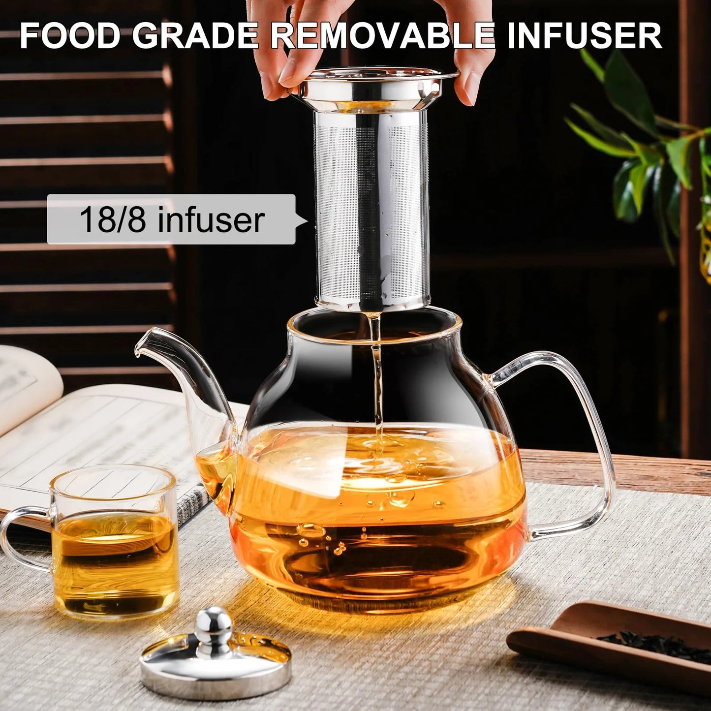 Baalaka 34oz Glass Teapot with Removable 18/8 Stainless Steel Infuser Teapot Blooming and Loose Leaf Tea Maker for Camping Travel