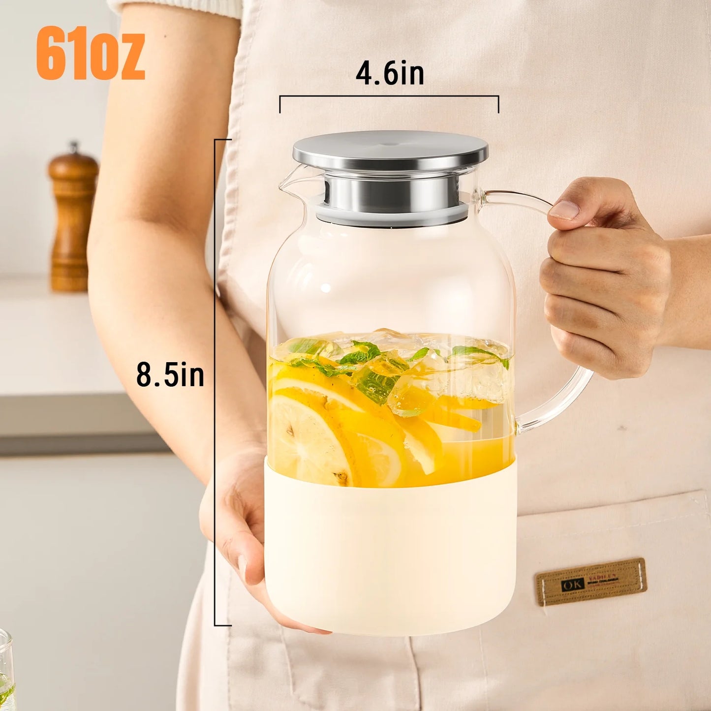 Baalaka Glass Pitcher with Silicone Base 61oz (1.8L) - Hot & Cold Carafe, Leakproof Lid & Handle for Coffee, Juice, Milk