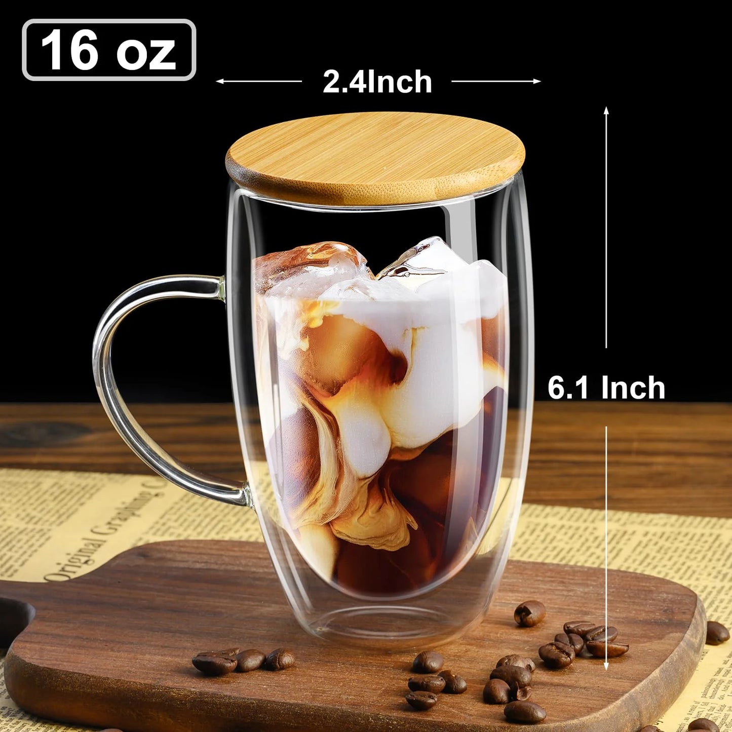 Baalaka 16oz Double Wall Glass Coffee Mugs with Bamboo Lid/Spoon
