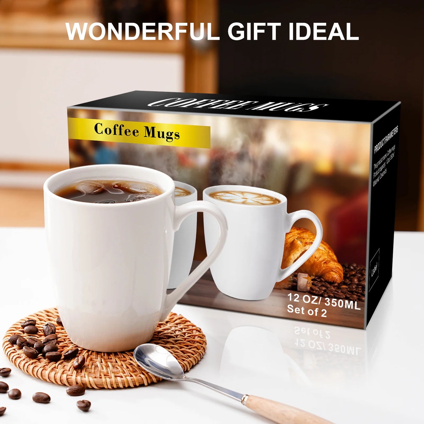 Baalaka Ceramic Coffee Mugs Set of 2 - 12oz Chip-Resistant for Latte/Tea/Cocoa, Microwave & Dishwasher Safe