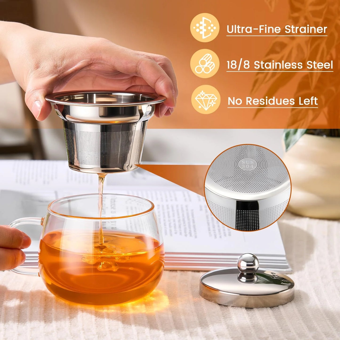 Baalaka Tea Cup with Infuser and lid, Glass Tea Cup of Heat Resistant Glass, 13oz Tea Mug, Clear Teacup for Loose Tea, Blooming Tea, Tea Bag, Tea Cup with Strainer for Family Daily