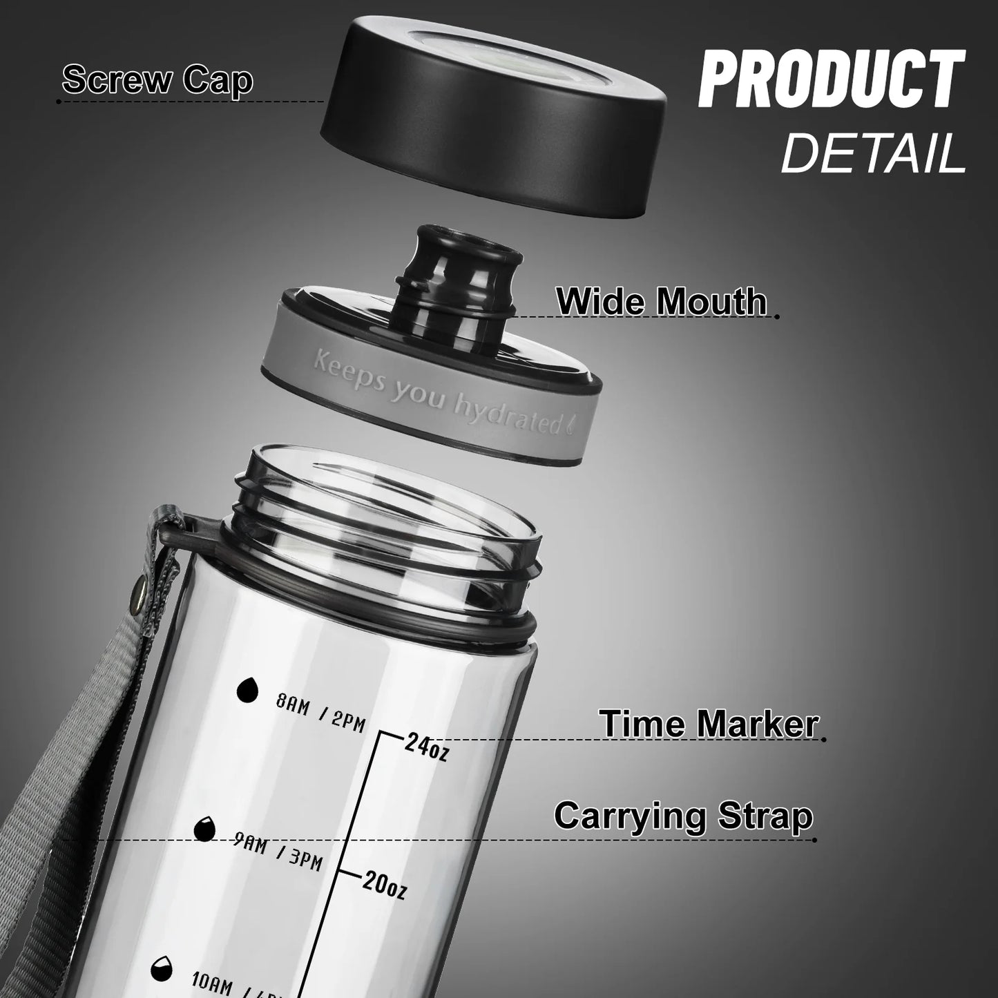 Baalaka 28oz Water Bottle with Time Marker & Strap - BPA-Free Clear Plastic for Gym, Fitness, Hiking, Dishwasher Safe