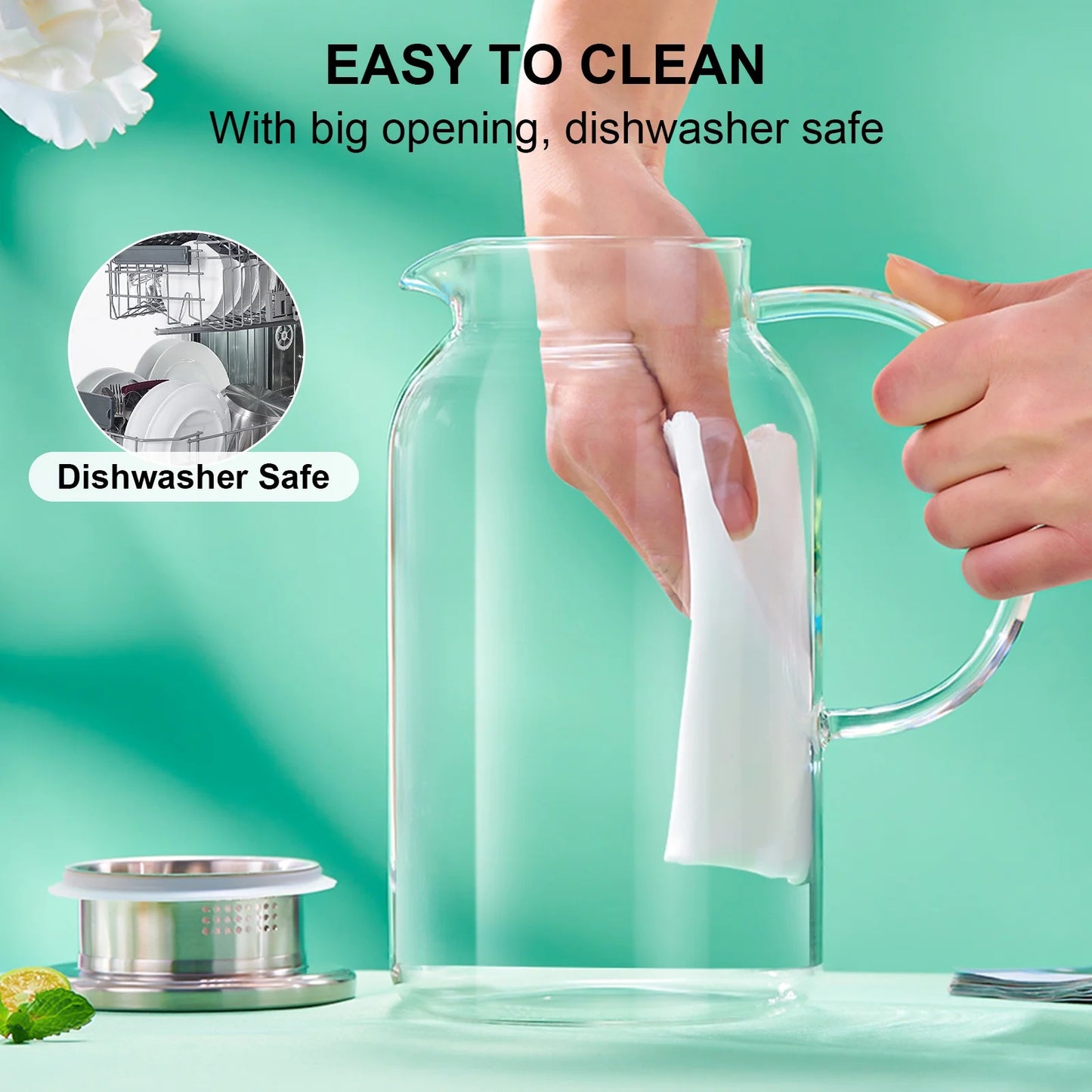 Baalaka 61oz Glass Pitcher w/Leak-Proof Lid - Heat-Resistant Beverage Carafe for Iced Tea, Coffee & Juice