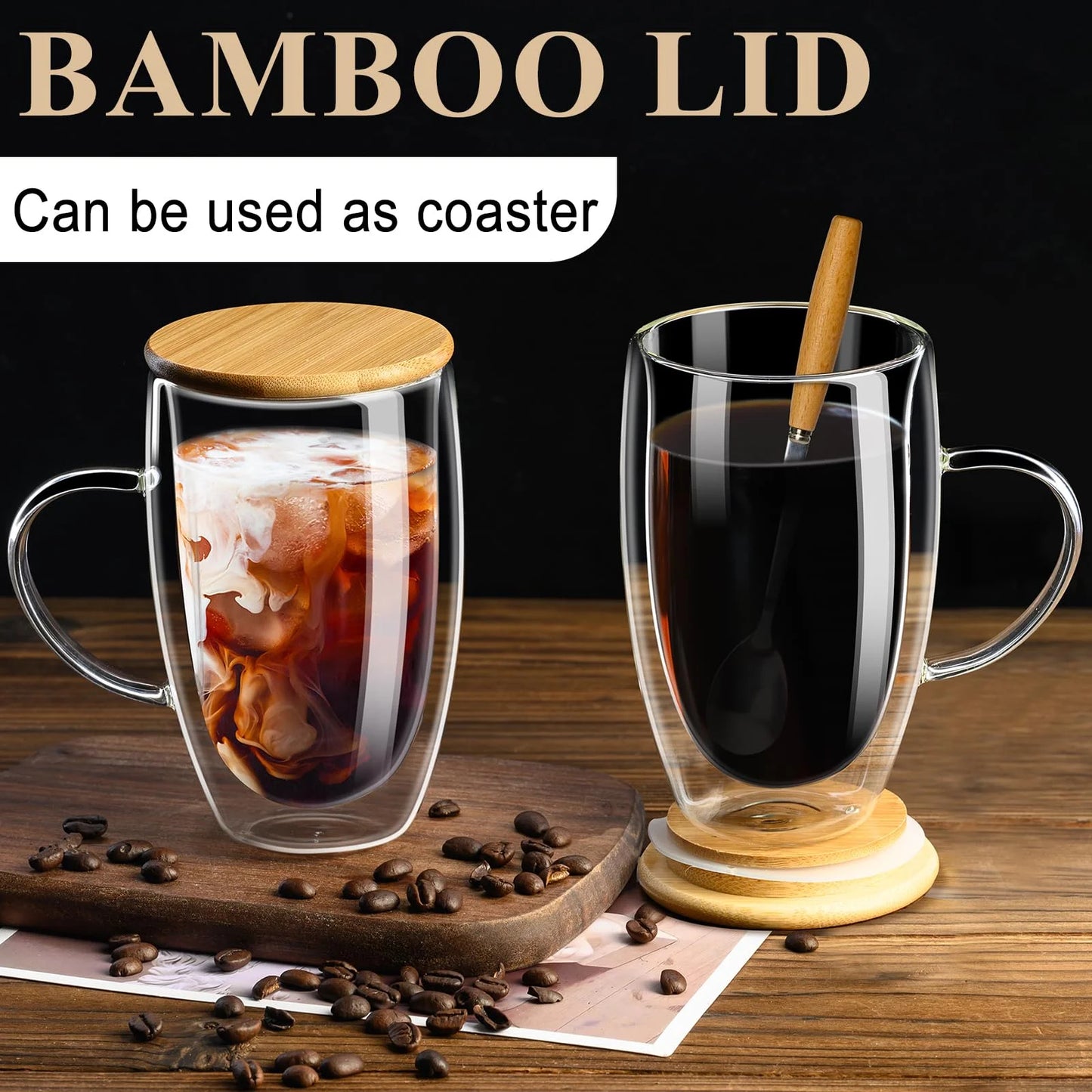 Baalaka 16oz Double Wall Glass Coffee Mugs with Bamboo Lid/Spoon