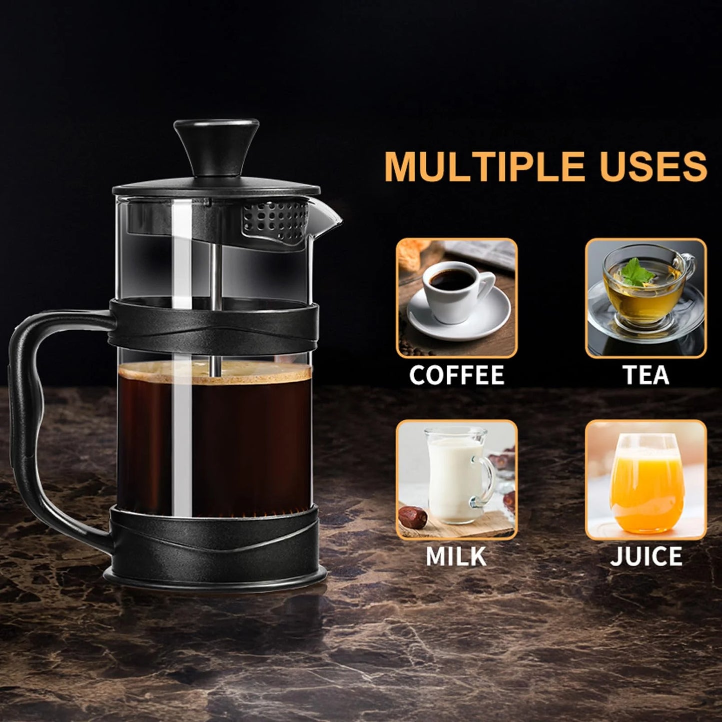 Baalaka French Press Coffee/Tea Maker 304 Stainless Steel Filter and Heat Resistant Glass 16oz, Black