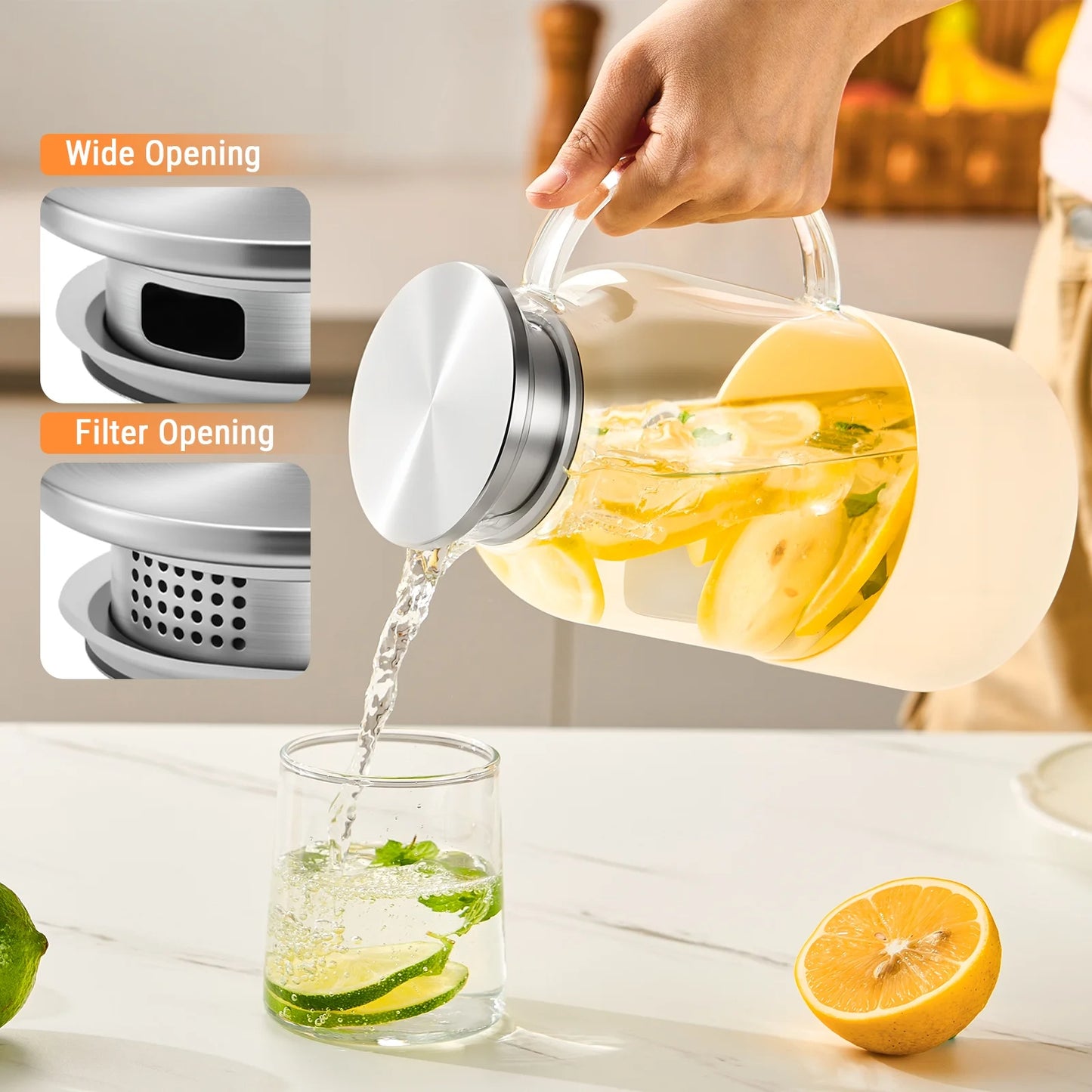 Baalaka Glass Pitcher with Silicone Base 61oz (1.8L) - Hot & Cold Carafe, Leakproof Lid & Handle for Coffee, Juice, Milk