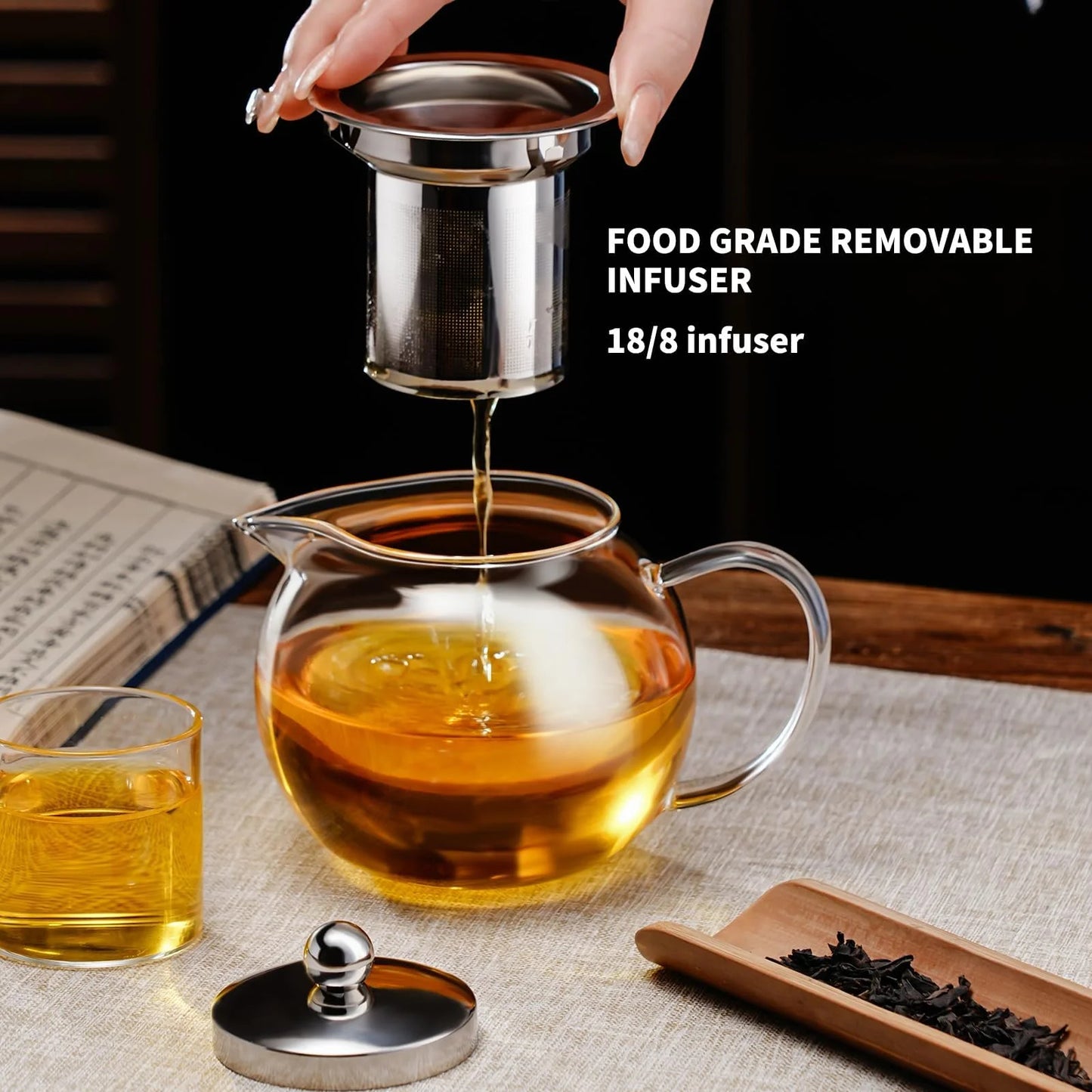 Baalaka Glass Stovetop Teapot, 50oz/1500ml, 18/8 SS Removable Inf, Borosilicate Glass for Camping & Travel