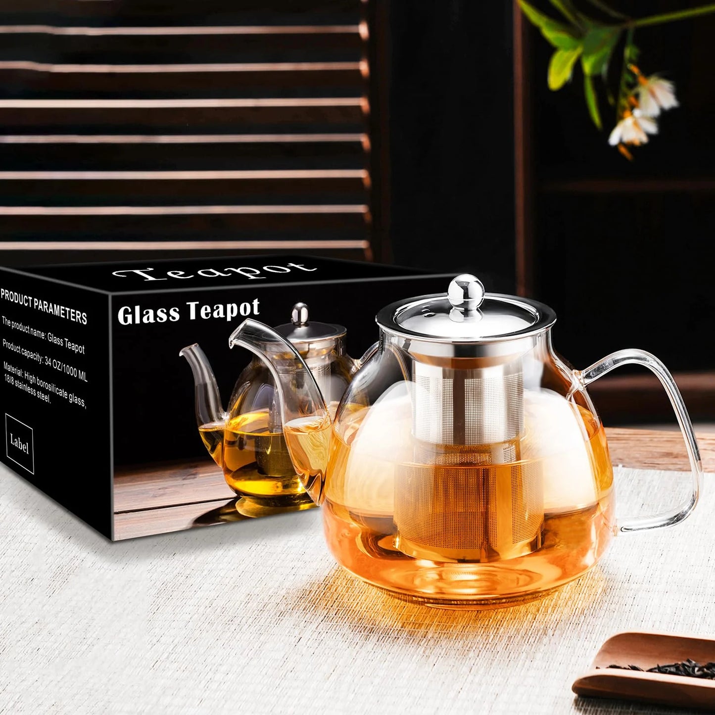 Baalaka 34oz Glass Teapot with Removable 18/8 Stainless Steel Infuser Teapot Blooming and Loose Leaf Tea Maker for Camping Travel