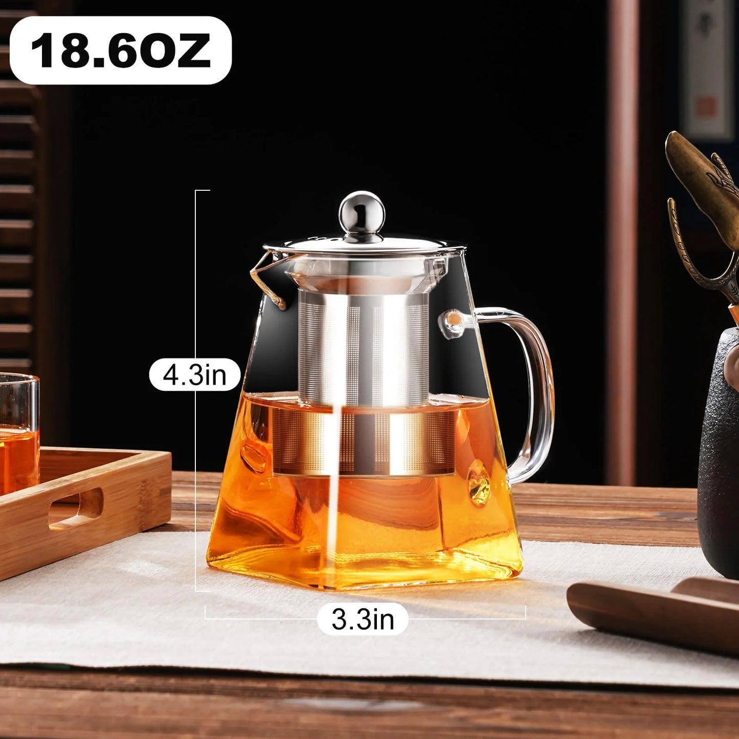 Baalaka Glass Teapot Stovetop 18.6oz with, Borosilicate Clear Tea Kettle with Removable 18/8 Stainless Steel Infuser