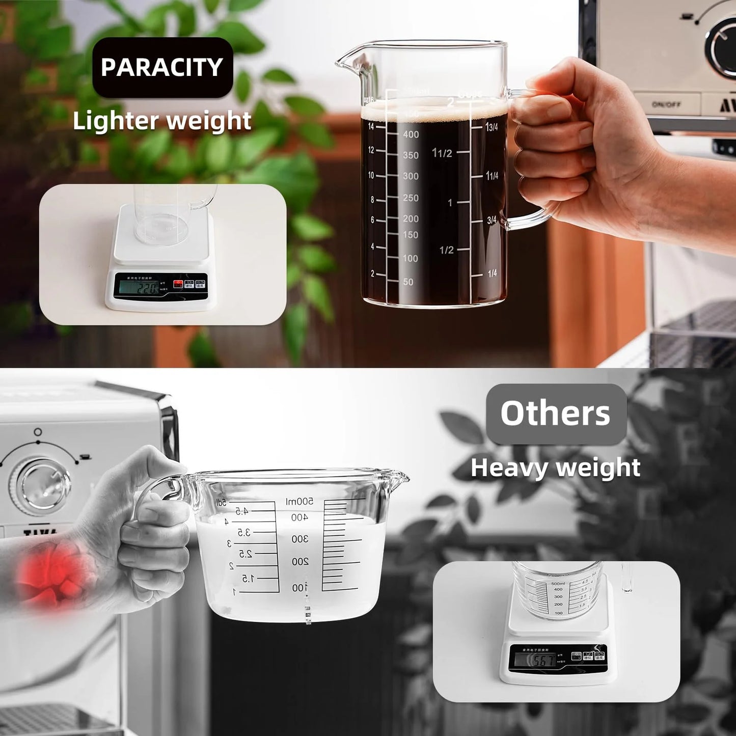 Baalaka Glass Measuring Cup, Liquid Measuring Cups with three Scale and V-Shaped Mouth 500 ml