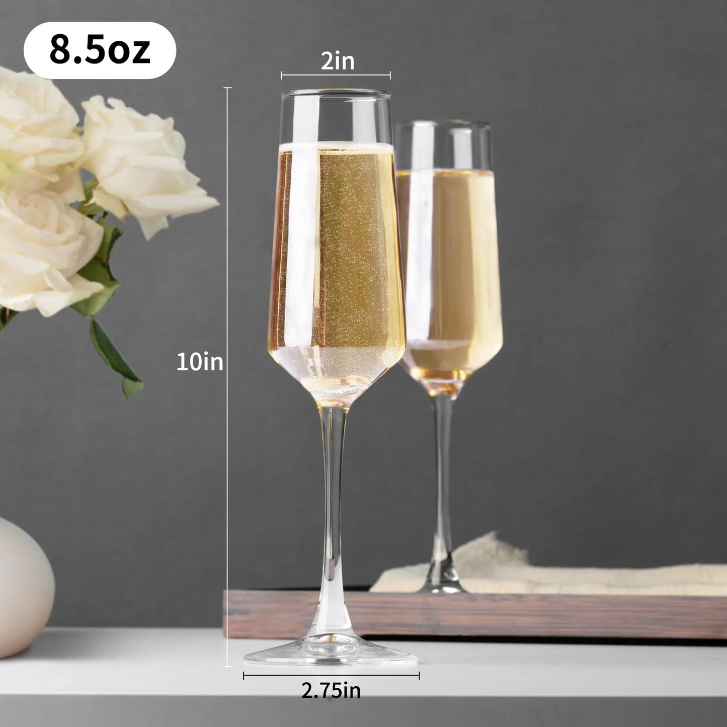 Baalaka Set of 2 Clear 8.5oz Champagne Flutes - Elegant Glass Gift for Weddings, Birthdays, Christmas, Sparkling Wine Glasses