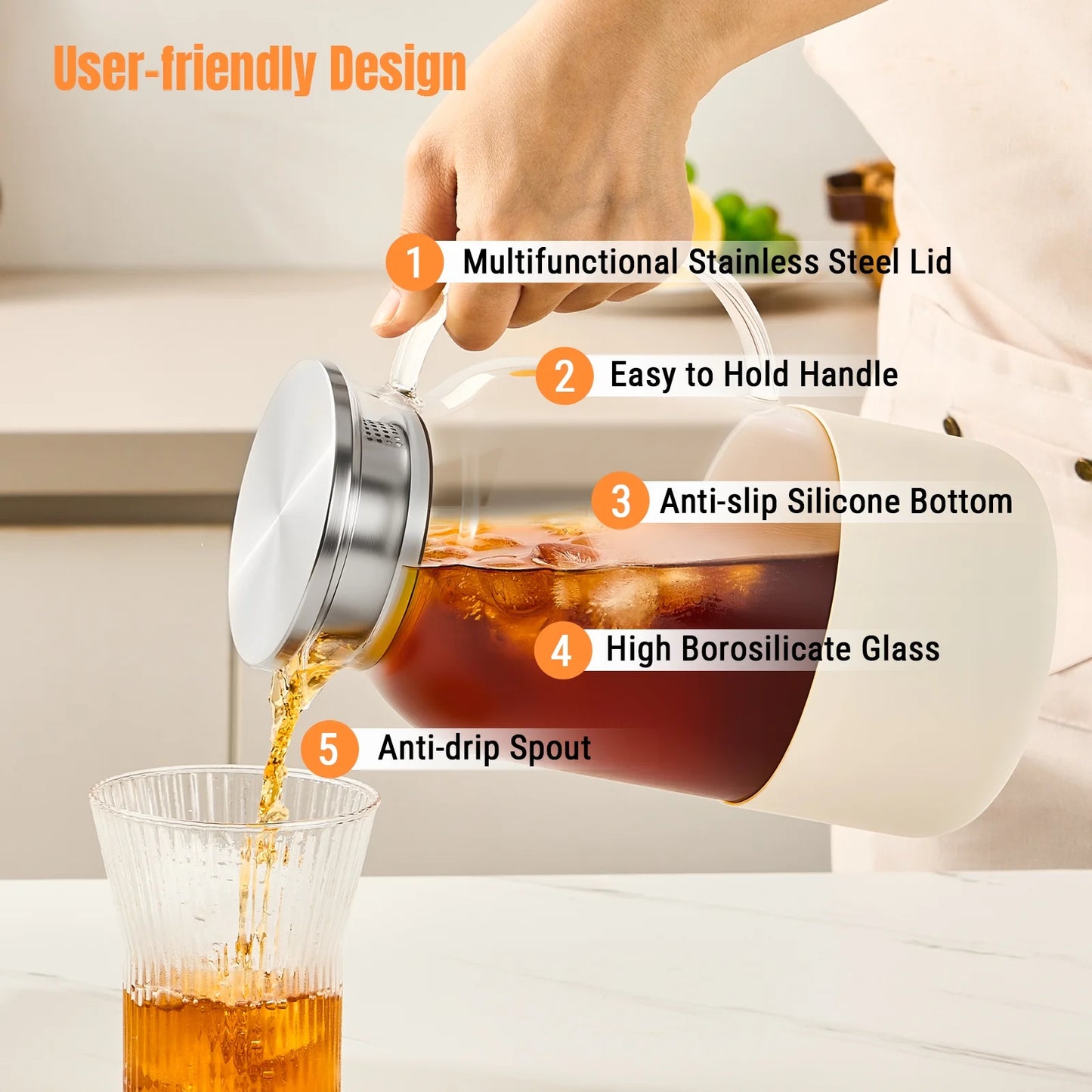 Baalaka Glass Pitcher with Silicone Base 61oz (1.8L) - Hot & Cold Carafe, Leakproof Lid & Handle for Coffee, Juice, Milk