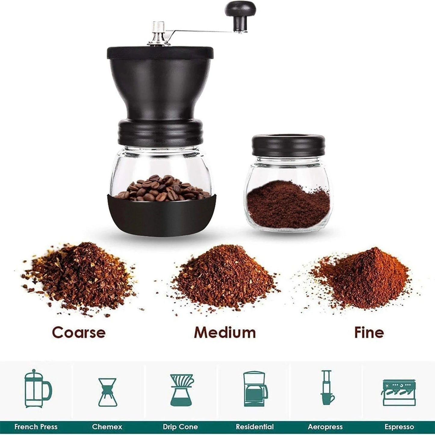 Baalaka Manual Coffee Bean Grinder Small, Ceramic Burr, 2 x 11oz Glass Jars, Stainless Steel Handle for Drip, Espresso, French Press & Turkish Brew