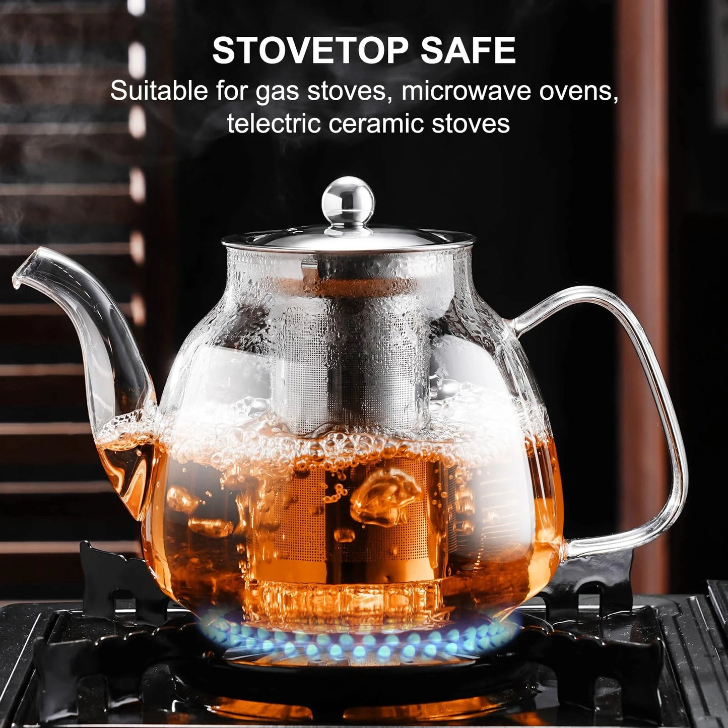 Baalaka Glass Teapot Stovetop 50oz/1500ml, Tea pot with Removable 18/8 Stainless Steel Infuser, Borosilicate Clear Tea Kettle