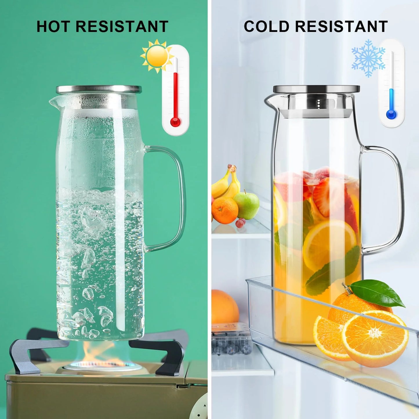 Baalaka 50oz/1.5L High Borosilicate Glass Pitcher - Hot/Cold Dispenser for Iced Tea, Lemonade, Juice & Milk - Easy Clean & Fridge Shelf Use