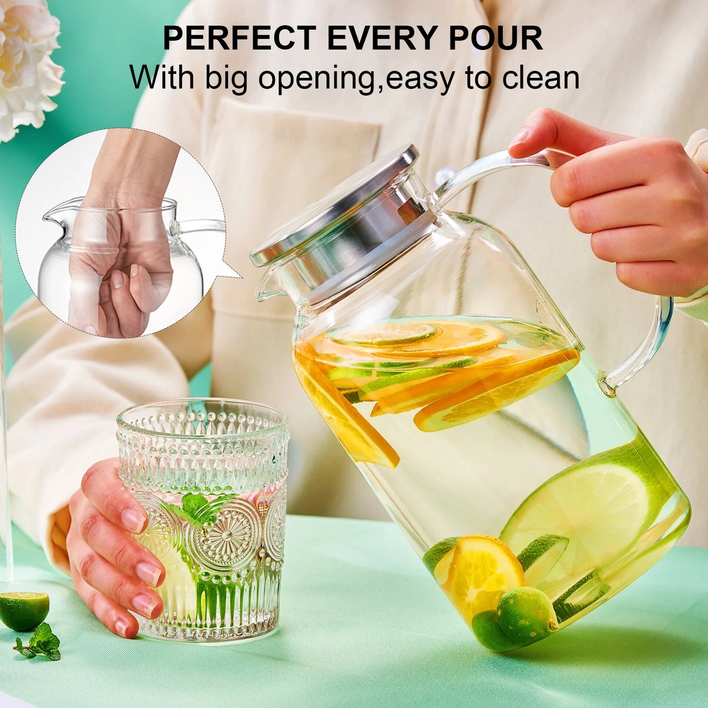 Baalaka 61oz Glass Pitcher w/Leak-Proof Lid - Heat-Resistant Beverage Carafe for Iced Tea, Coffee & Juice