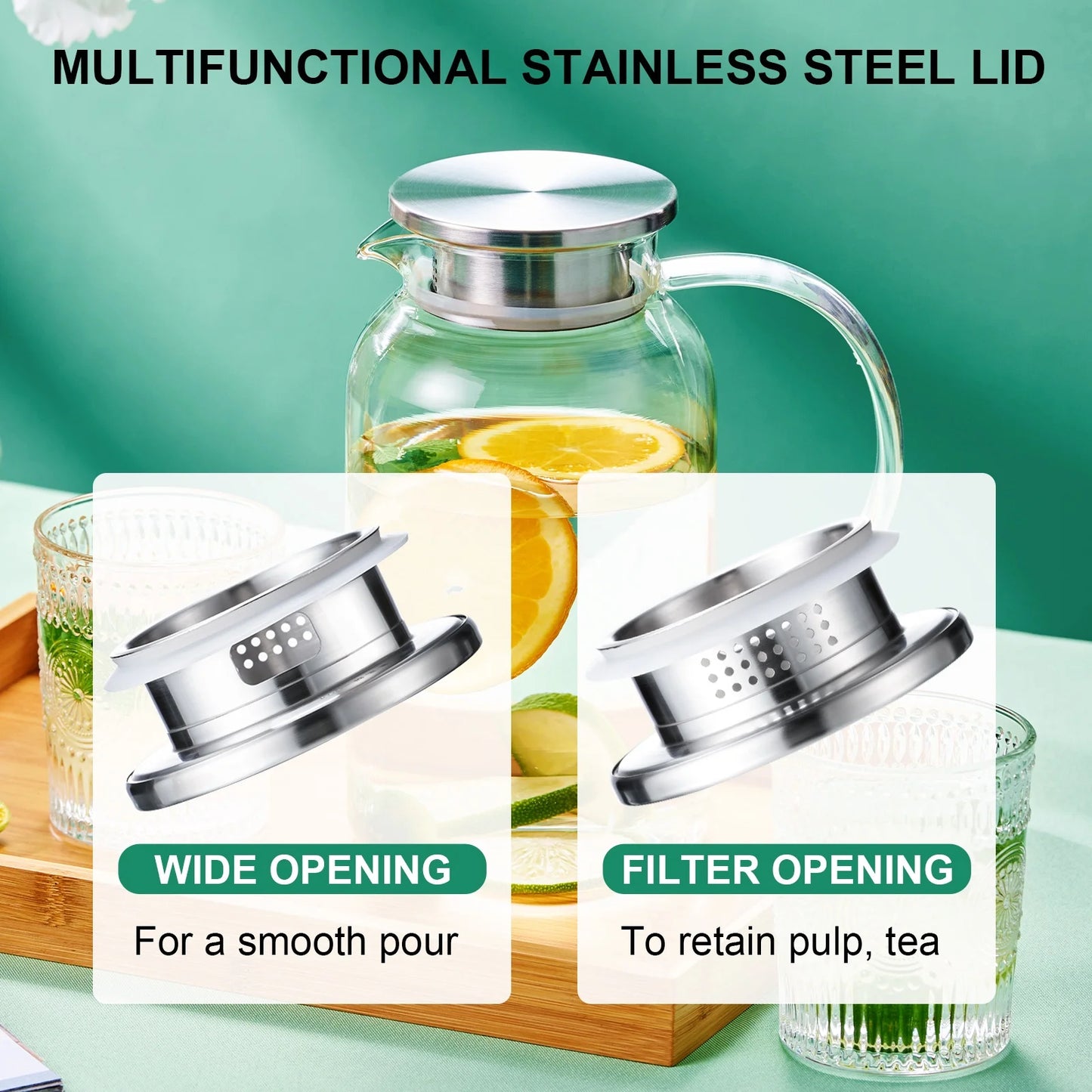 Baalaka 61oz Glass Pitcher w/Leak-Proof Lid - Heat-Resistant Beverage Carafe for Iced Tea, Coffee & Juice