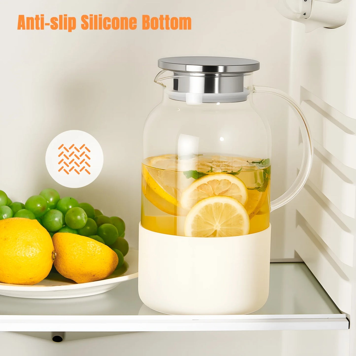 Baalaka Glass Pitcher with Silicone Base 61oz (1.8L) - Hot & Cold Carafe, Leakproof Lid & Handle for Coffee, Juice, Milk