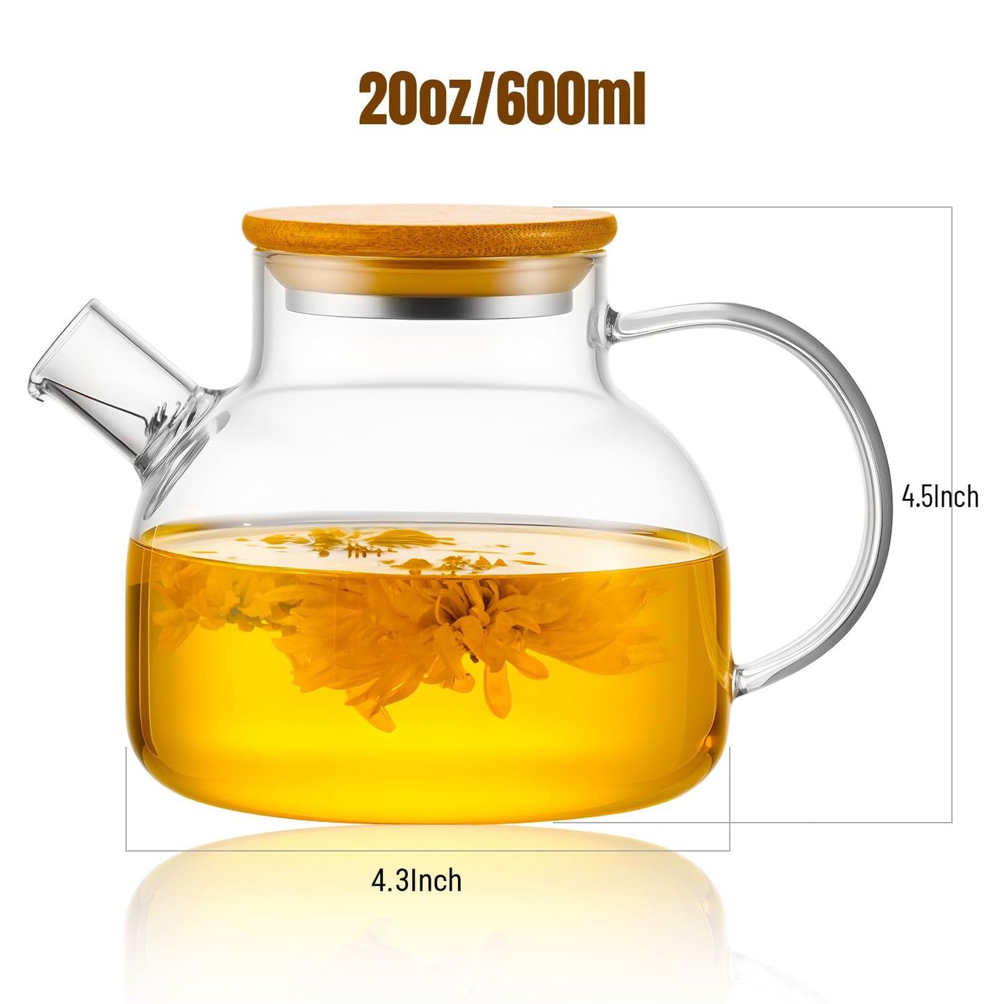 Baalaka 20 oz Stovetop Glass Teapot, Borosilicate Clear with Removable Filter Spout & Bamboo Lid, Camping Tea Brewer