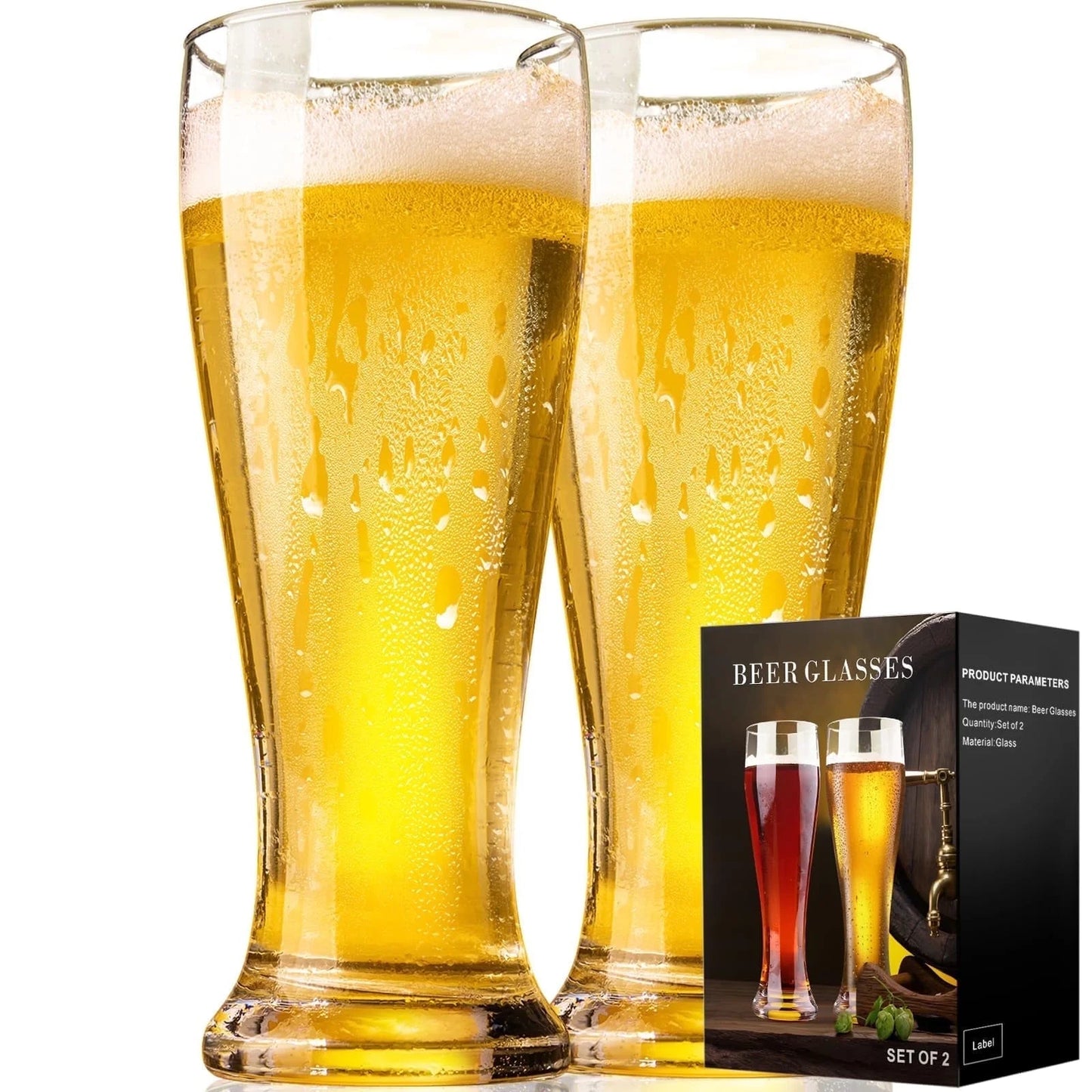 Baalaka 16 oz Beer Glasses Set of 2 - Pilsner & Wheat Glassware Gift for Men
