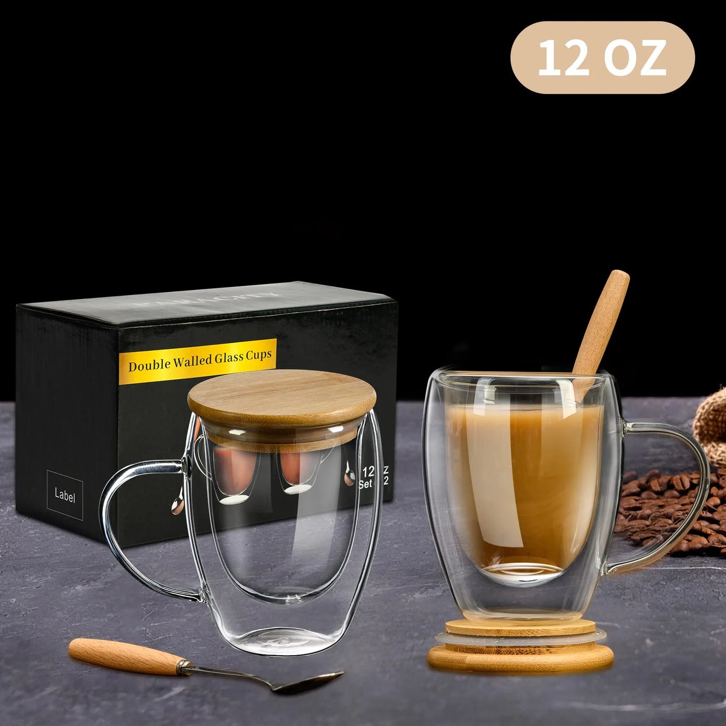 Baalaka Glass Coffee Mugs Set of 2 with Bamboo Lid/Spoon, Double Wall Insulated Clear Tea Cups 12 OZ with Hand for Cappuccino/Latte/Coffee, Borosilicate Glassware for Kitchen/Travel
