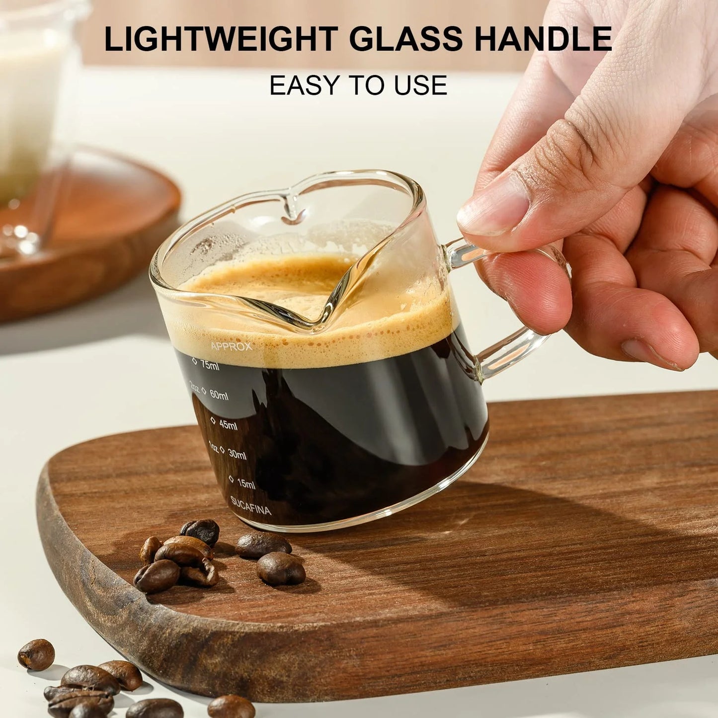 Baalaka 2.5oz Clear Glass Espresso Cup with Handle - Double Spout, Dual Scale & V-Shaped Mouth, Espresso Shot Glass Accessories