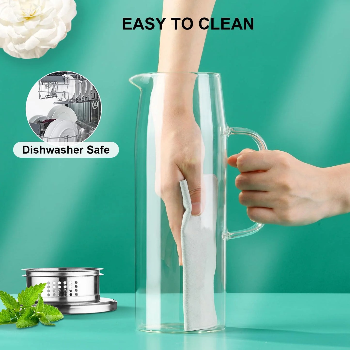 Baalaka 50oz/1.5L High Borosilicate Glass Pitcher - Hot/Cold Dispenser for Iced Tea, Lemonade, Juice & Milk - Easy Clean & Fridge Shelf Use