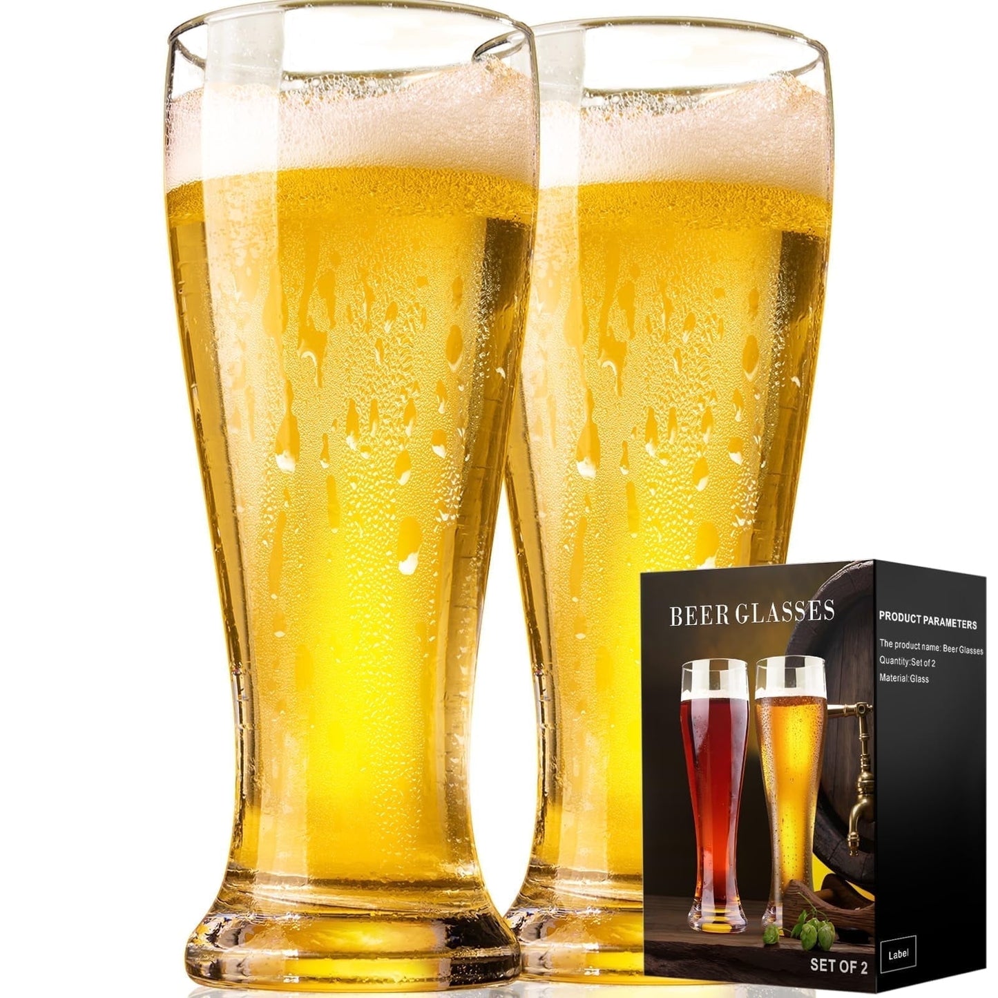 Baalaka 16 oz Beer Glasses Set of 2 - Pilsner & Wheat Glassware Gift for Men