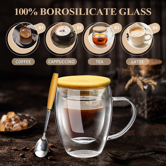 Glass Coffee Cup Set of 2 with Bamboo Lid/Spoon, Double Insulated Clear Tea Cup 12oz with Hands
